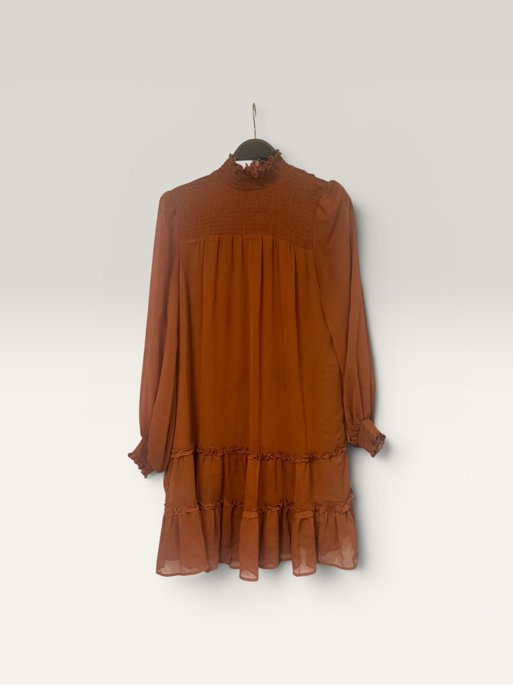 CeCe Rust Smocked High-Neck Tiered Long-Sleeve Dress